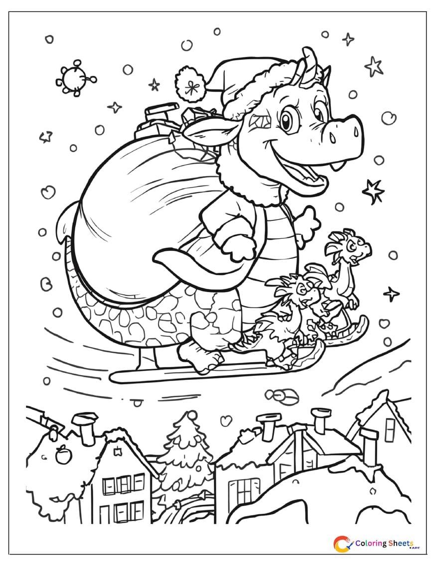 Cartoon Christmas Santa dragon coloring page in Santa suit flying a sled with reindeer dragons through snowy sky with gifts , free printable PDF