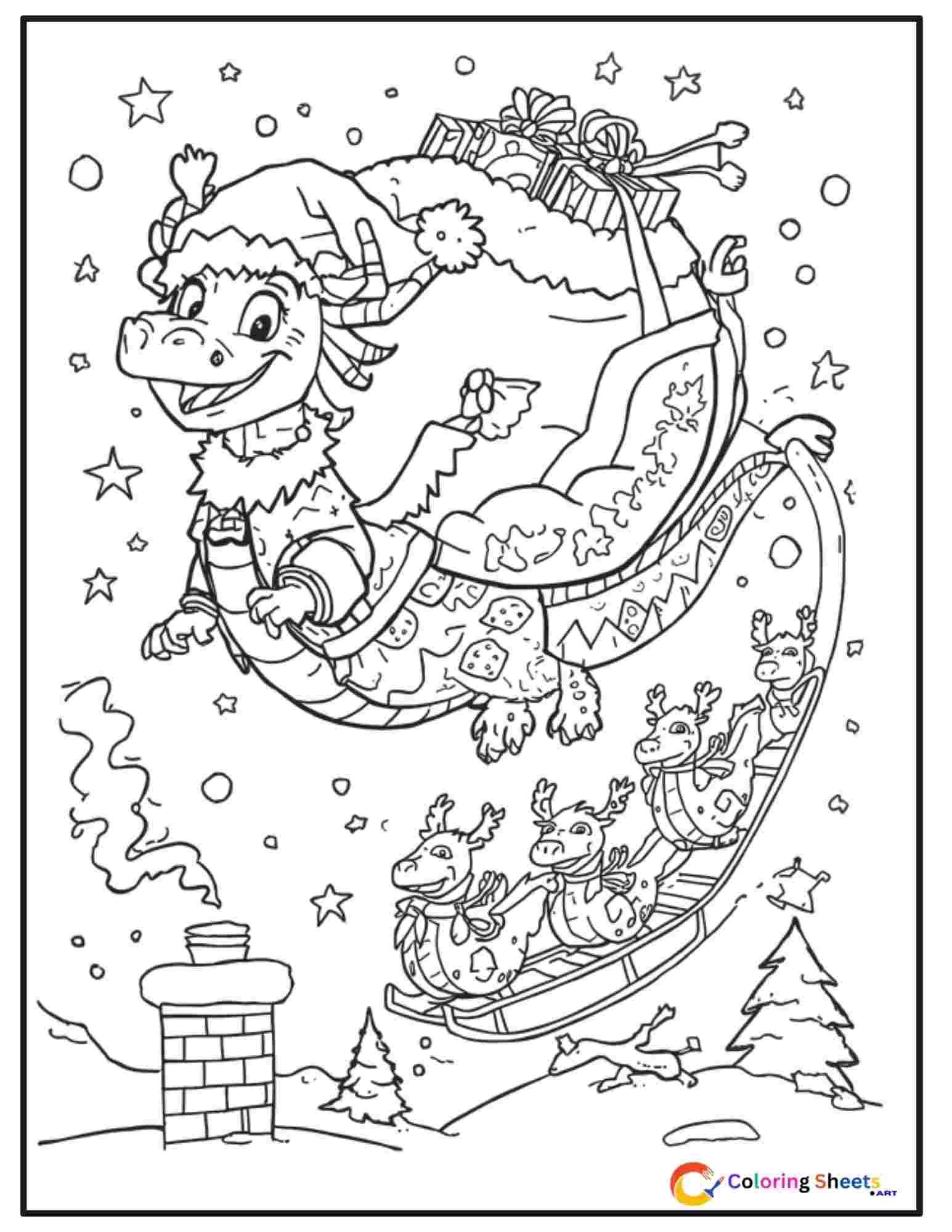 Christmas coloring page of a dragon dressed as Santa Claus with a gift sack flying through snowy sky with reindeer dragons pulling a sled