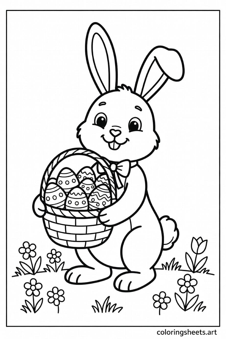 Classic Easter bunny holding a basket of decorated eggs coloring page with spring flowers and bow tie — free printable PDF for kids
