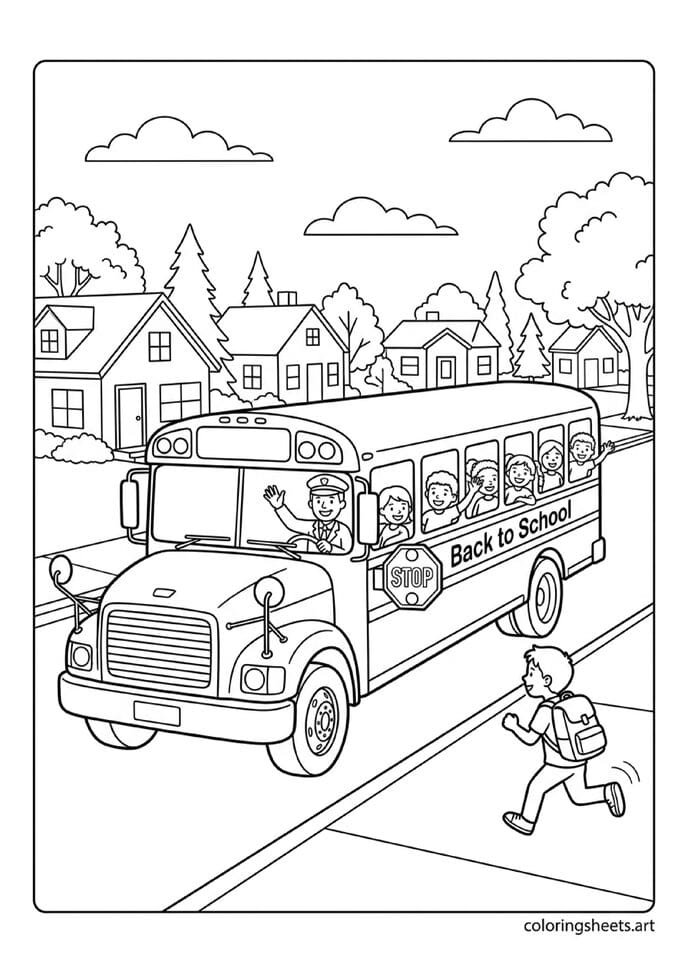 Classic American yellow school bus with kids waving stop sign arm and child running with backpack back to school coloring page — free printable PDF