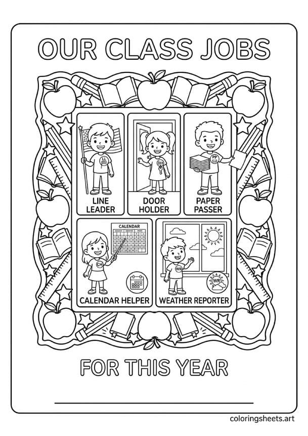 Classroom community helper roles coloring page with kids as line leader door holder paper passer calendar helper and weather reporter Class Jobs chart — free printable PDF