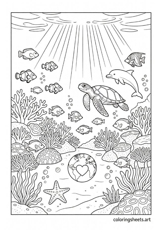 Beautiful clean underwater ocean scene with tropical fish coral sea turtle and dolphin Earth Day coloring page for kids — free printable PDF