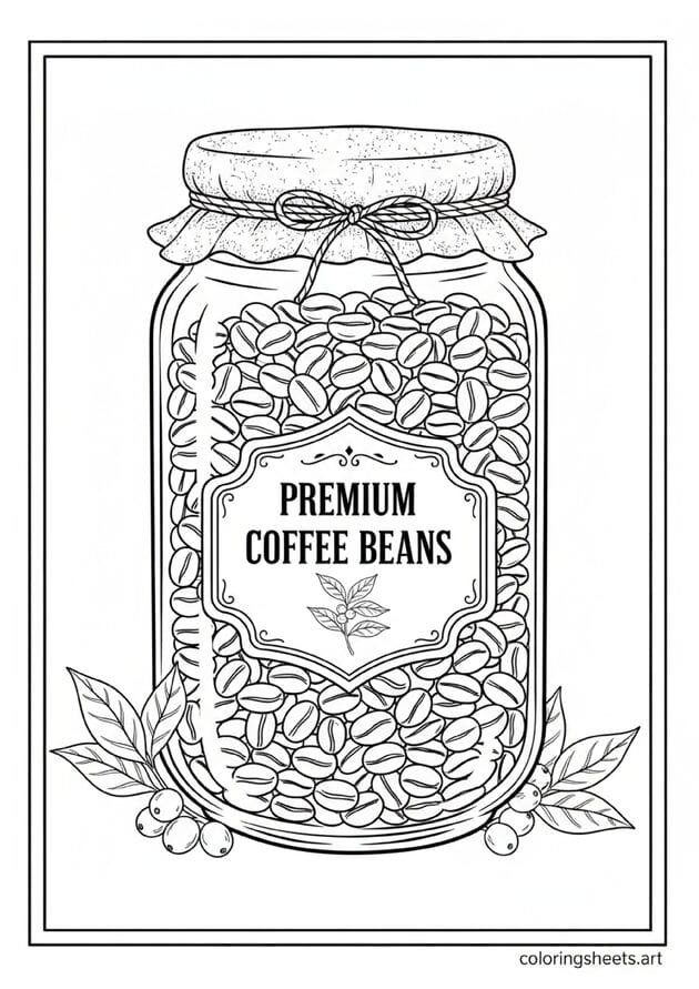 Glass jar whole coffee beans vintage badge label Premium Coffee Beans scroll borders cloth twine lid coffee branch sprigs coloring page