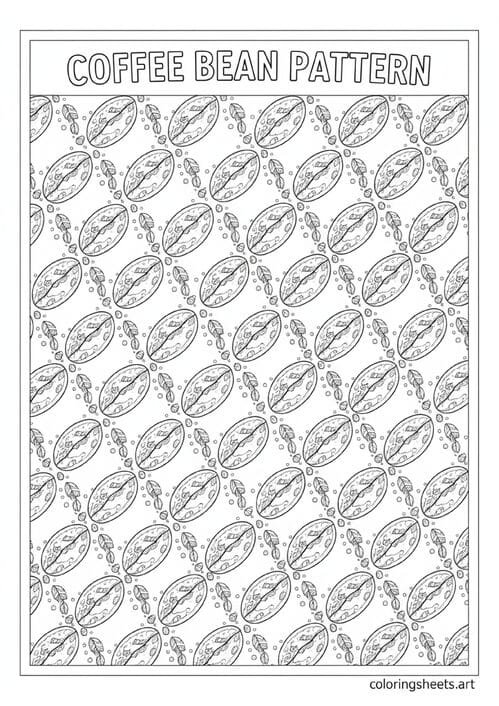 Dense repeating coffee bean zentangle pattern with crease lines radiating dots leaf sprigs diagonal rows Coffee Bean Pattern title coloring page