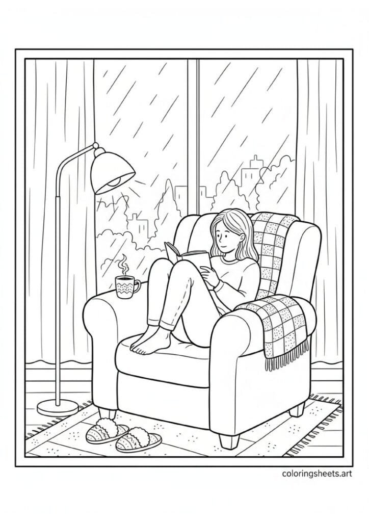 Cozy armchair person reading book steaming mug coffee on arm rain on window reading lamp slippers blanket coloring page — free printable PDF