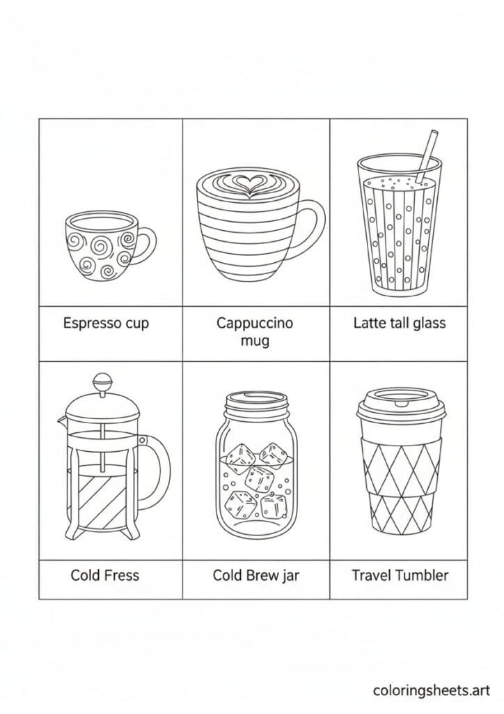 Six coffee vessels grid espresso cup cappuccino mug latte tall glass French press cold brew jar travel tumbler labeled coloring page