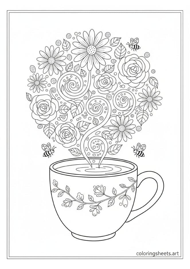 Teacup coffee mug steam transforming into flower garden daisies roses leaves bees butterflies floral vine mug body coloring page — free printable PDF
