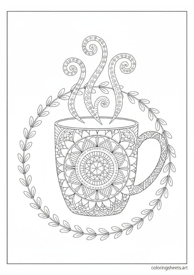 Large coffee mug with mandala geometric petal diamond dot patterns three ornate steam swirls symmetrical coffee bean leaf border coloring page