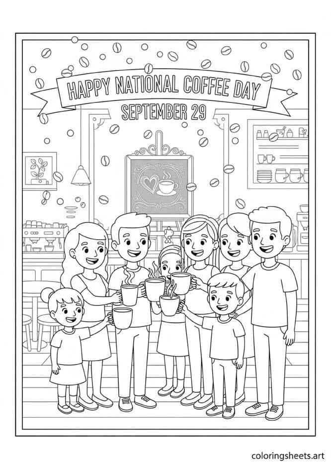 Joyful group cartoon people toasting coffee cups mugs travel cups iced glasses Happy National Coffee Day September 29 banner confetti beans chalkboard heart coloring page — free printable PDF