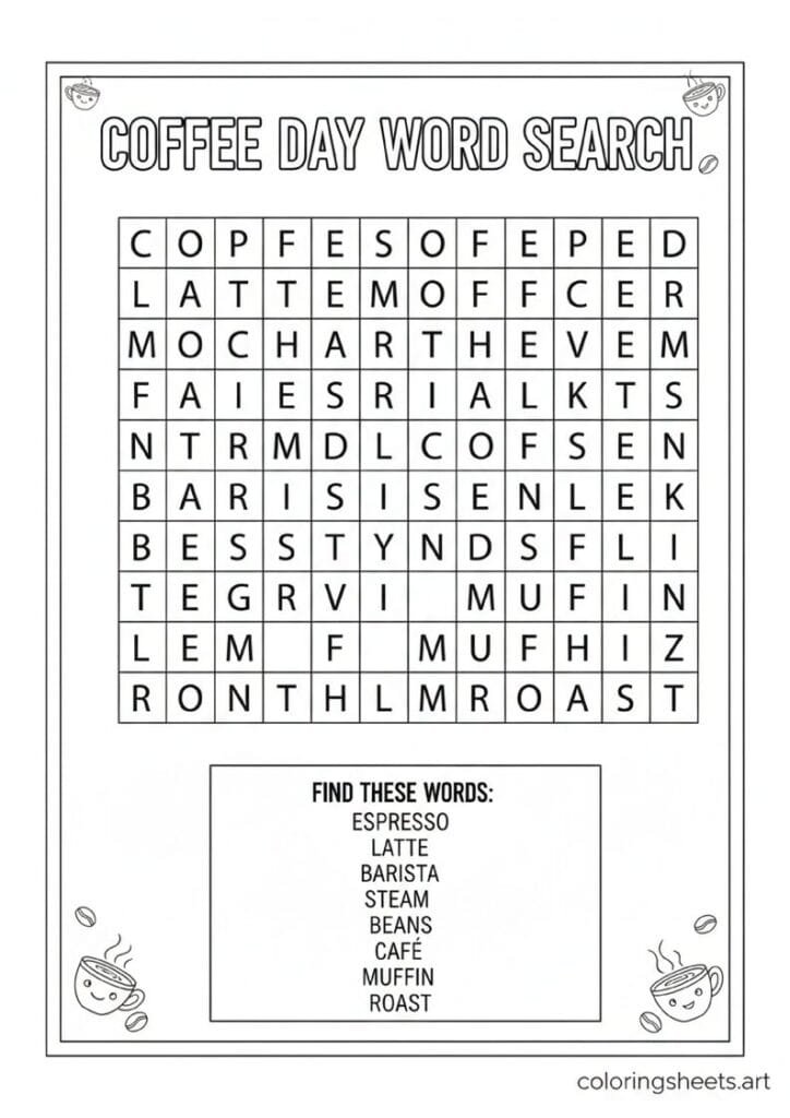 Coffee Day Word Search grid with espresso latte mocha barista steam beans café cream muffin roast word list corner coffee cup bean doodles coloring activity — free printable PDF