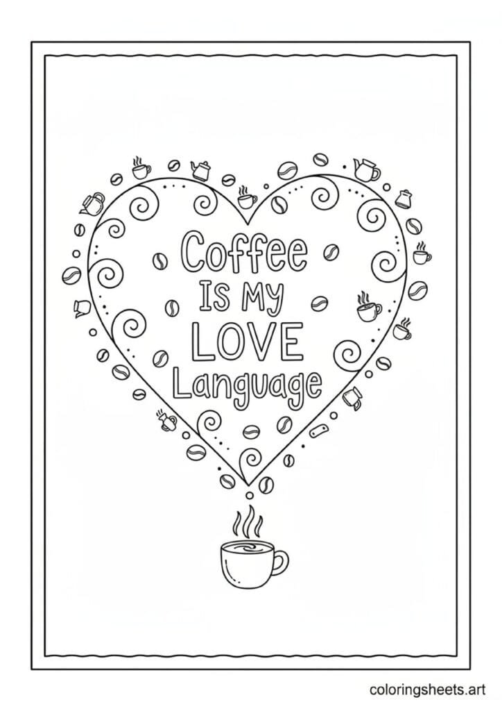 Coffee Is My Love Language handwritten quote in heart shape with coffee beans cups swirl doodles steaming mug coloring page