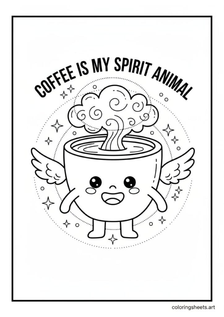 Winged haloed smiling coffee cup character with tiny arms legs steam halo Coffee Is My Spirit Animal block letters sparkles coloring page
