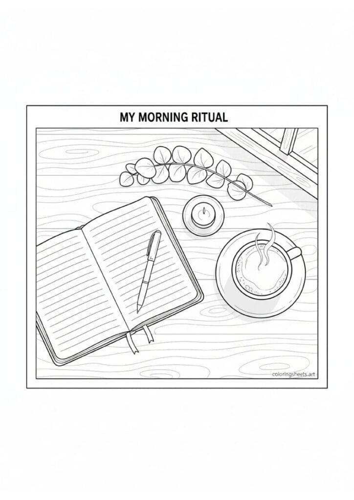 Top-down desk open journal pen steaming coffee mug saucer eucalyptus sprig candle morning window My Morning Ritual label coloring page — free printable PDF