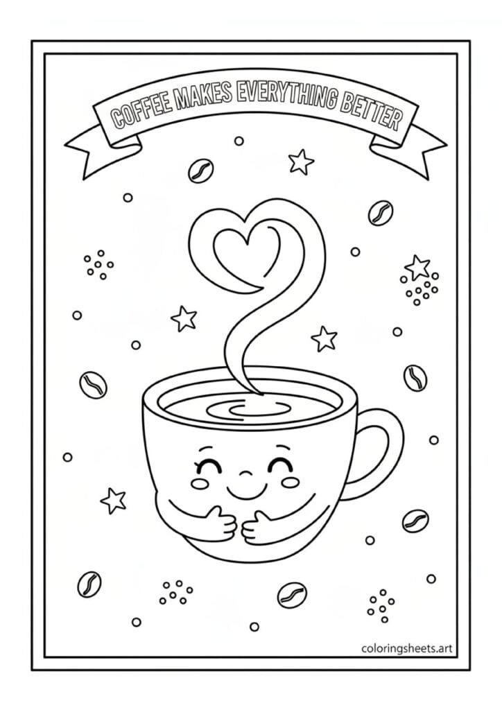 Coffee Makes Everything Better ribbon banner with smiling hugging coffee cup steam heart swirl coffee beans stars coloring page
