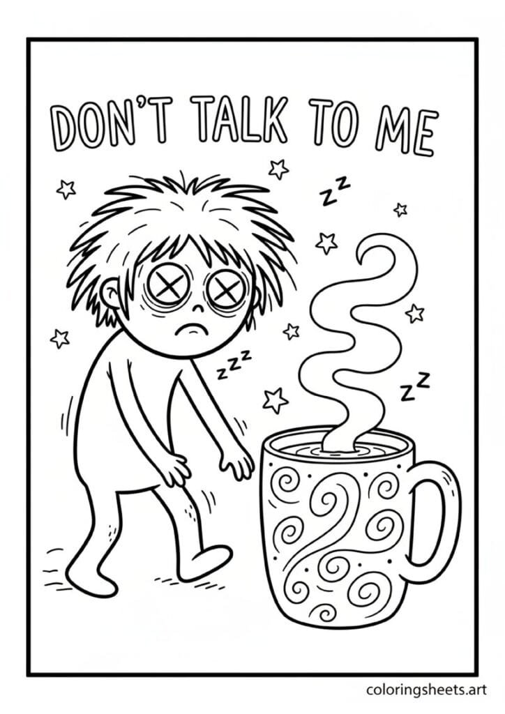 Funny zombie-shuffle cartoon morning character wild hair X eyes reaching giant steaming mug Don't Talk to Me text zzz stars coloring page