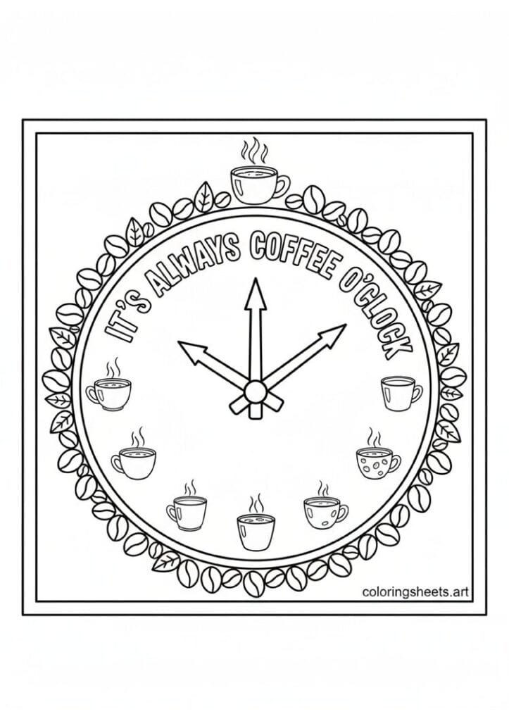Round clock face with twelve tiny coffee cup numbers clock hands pointing to steaming mug It's Always Coffee O'Clock text inside coffee bean border coloring page