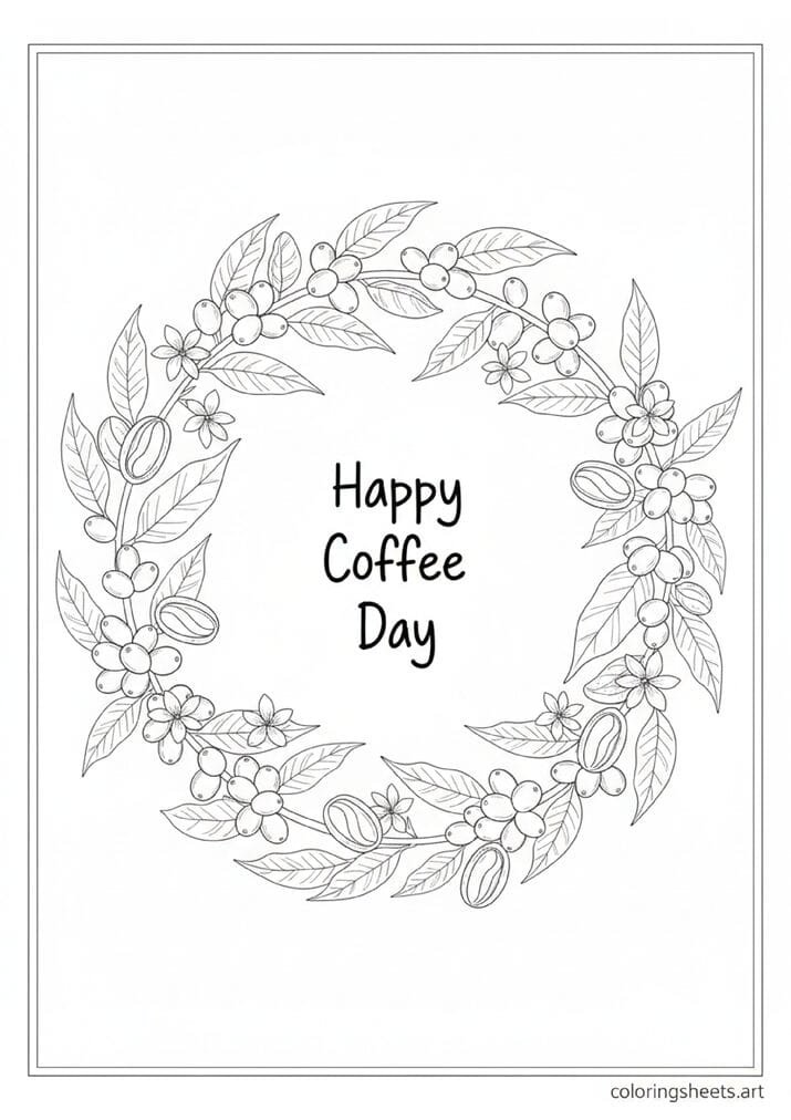 Circular wreath coffee plant branches berries split beans pointed leaves five-petal blossoms Happy Coffee Day center text coloring page
