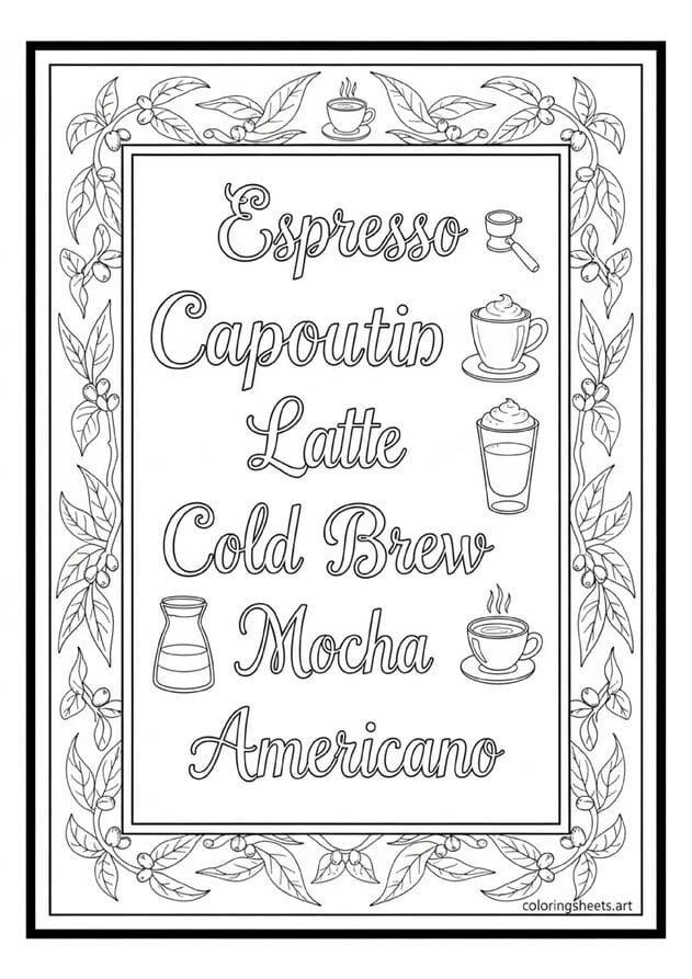 Café chalkboard menu with espresso cappuccino latte cold brew mocha americano hand-lettered drink names tiny icons coffee bean branch border coloring page