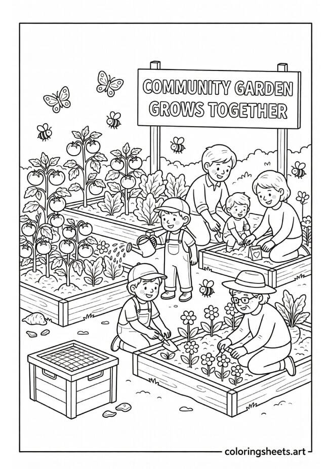 Community garden with people of all ages gardening together raised beds butterflies and Community Garden Grows Together sign Earth Day coloring page — free printable PDF