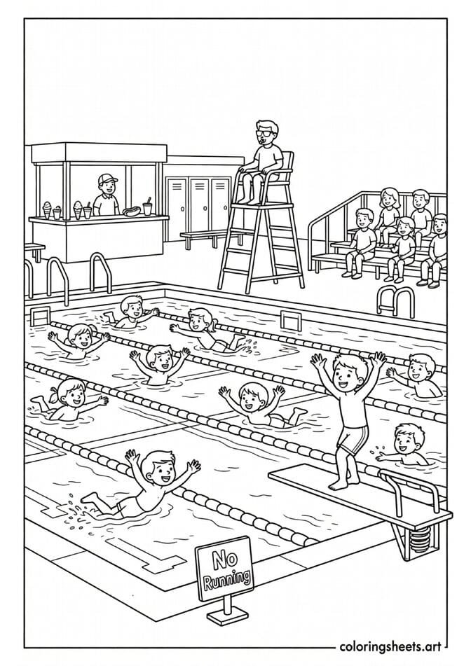 American backyard water balloon fight with two teams bursting balloons splash effects and kids diving for cover summer coloring page — free printable PDF