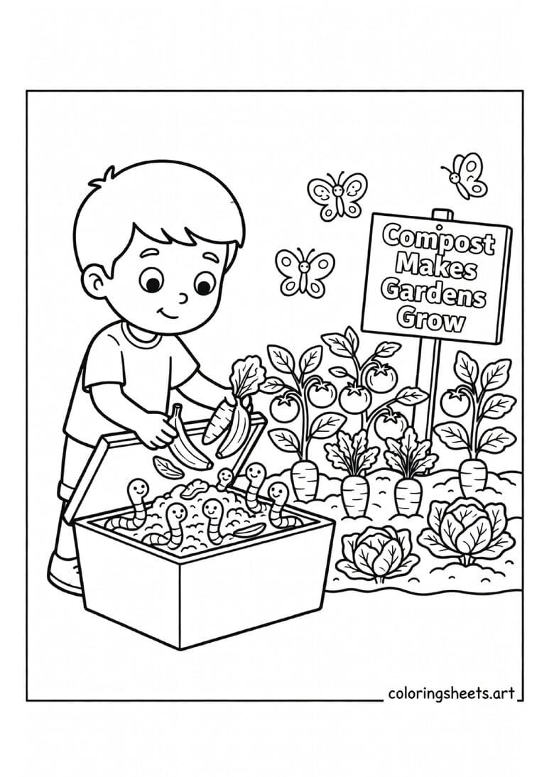 Child adding scraps to a compost bin with worms and vegetable garden growing Earth Day coloring page for kids — free printable PDF