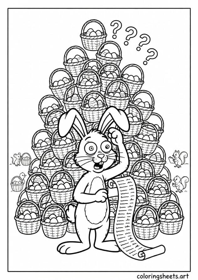 Confused Easter bunny with question marks standing in front of a giant pile of identical Easter baskets coloring page — free printable PDF