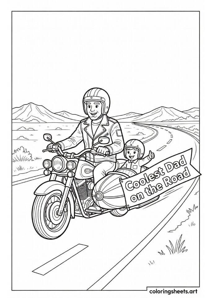 Cool dad on American motorcycle with child in sidecar giving thumbs up on open highway Coolest Dad on the Road banner Fathers Day coloring page — free printable PDF