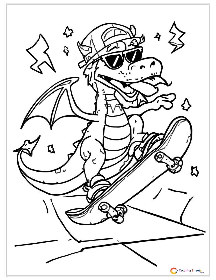 Funny cartoon coloring page of a dragon wearing sunglasses and a baseball cap riding a skateboard and doing a trick