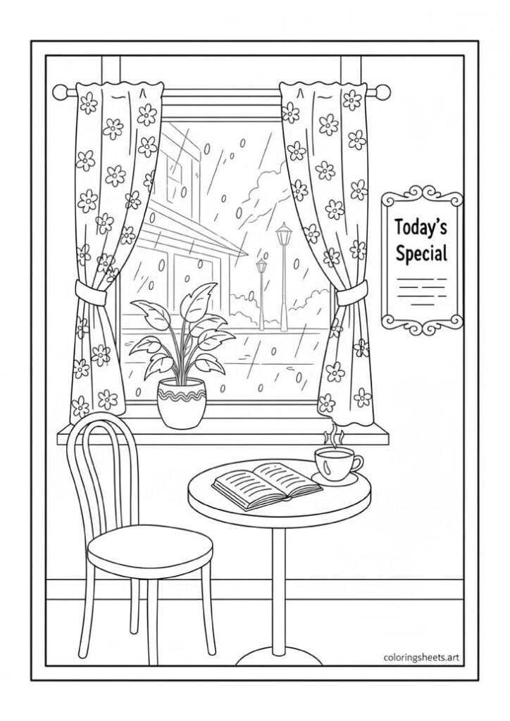 Cozy café window table with steaming coffee cup open book potted plant rain on glass chalkboard menu curtains coloring page