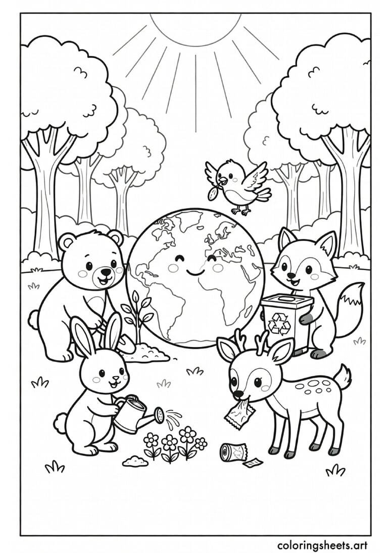 Cute cartoon animals bear rabbit deer fox and bird saving the planet together Earth Day coloring page for kids — free printable PDF