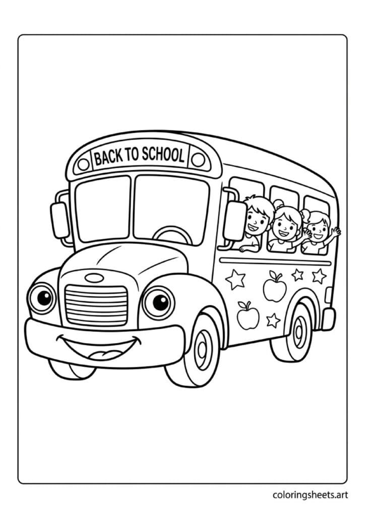 Cute cartoon school bus with smiling face headlight eyes grin bumper kids waving Back to School sign coloring page for young kids — free printable PDF