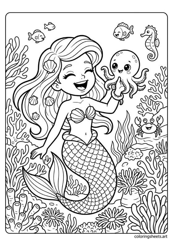 Cute mermaid laughing with baby octopus coloring page, tentacles on fingers, coral reef scene, free printable PDF.