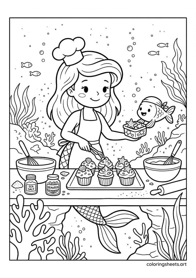 Cute mermaid chef decorating cupcakes coloring page, fish assistant underwater kitchen, free printable PDF.