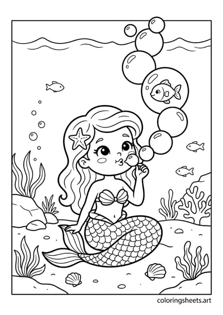 Simple mermaid blowing bubbles with small fish inside coloring page, clean ocean background, free printable PDF