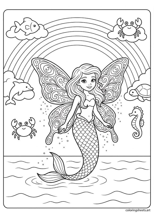 Cute mermaid with butterfly wings coloring page, tail dipping in ocean with sparkle dust, free printable PDF.