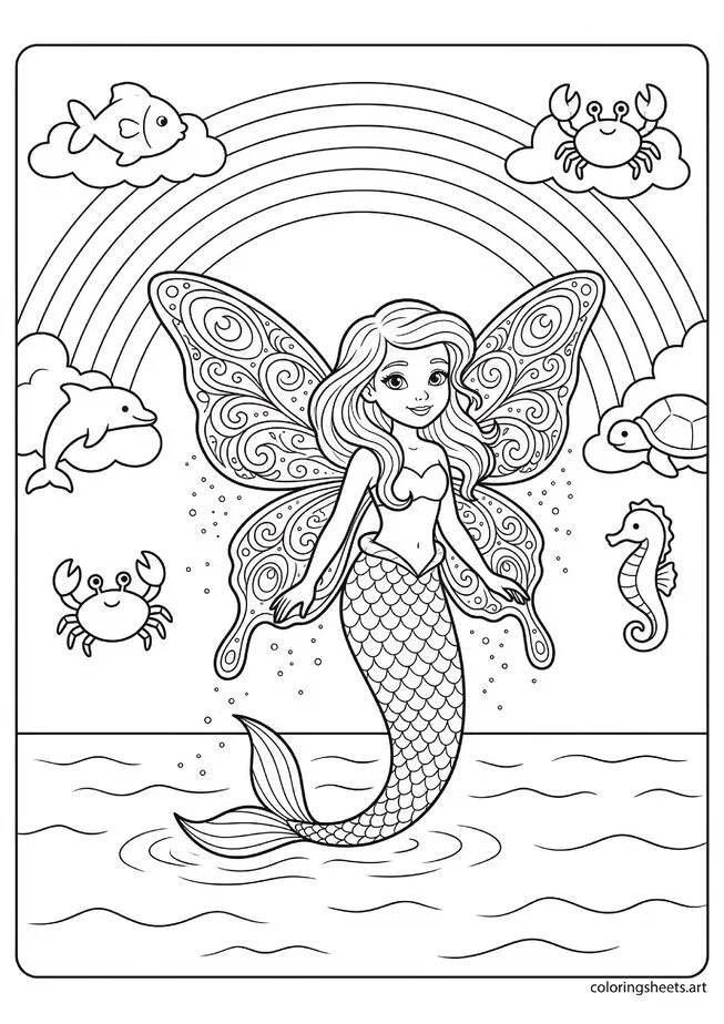 Cute mermaid with butterfly wings coloring page, tail dipping in ocean with sparkle dust, free printable PDF.