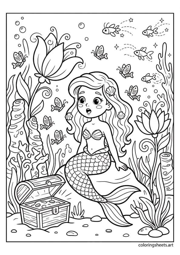 Mermaid in magical coral garden coloring page with treasure chest, glowing flowers, free printable PDF