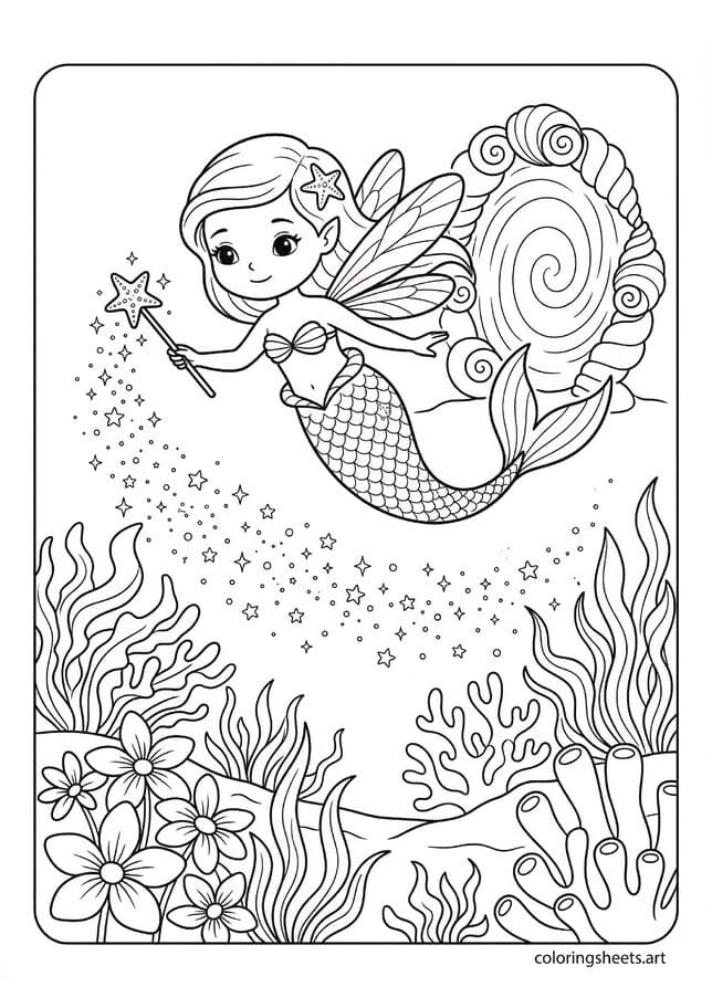 Cute mermaid fairy with dragonfly wings coloring page, magic wand and glowing coral portal, free printable PDF.