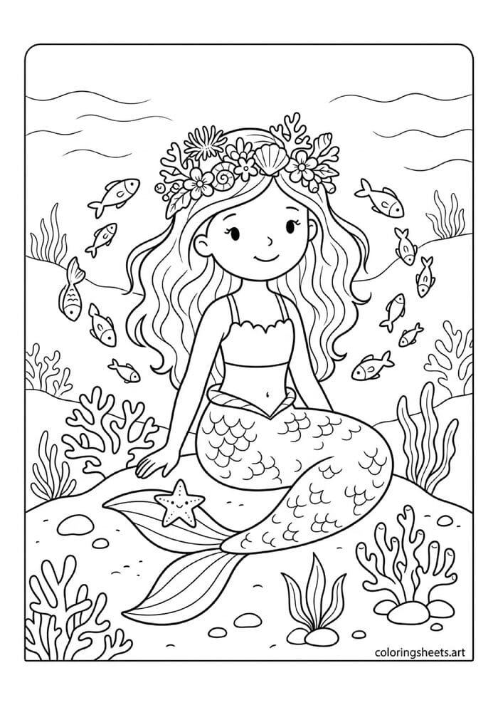 Sweet mermaid with flower crown of sea anemones starfish on tail and small fish swimming around her ocean floor coloring page — free printable PDF