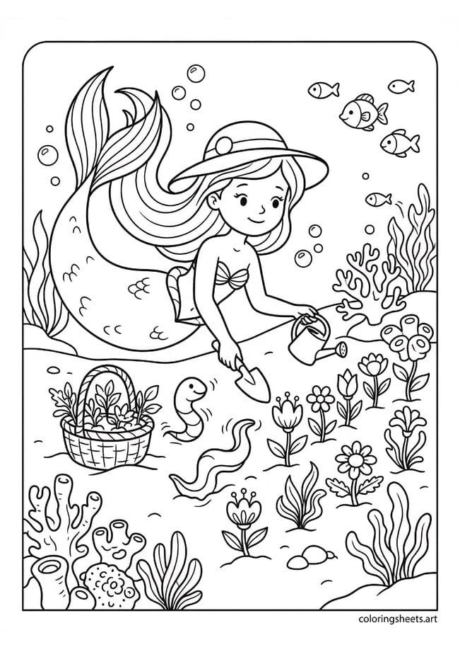 Cute mermaid gardening with sun hat and watering can coloring page, ocean flower garden, free printable PDF.