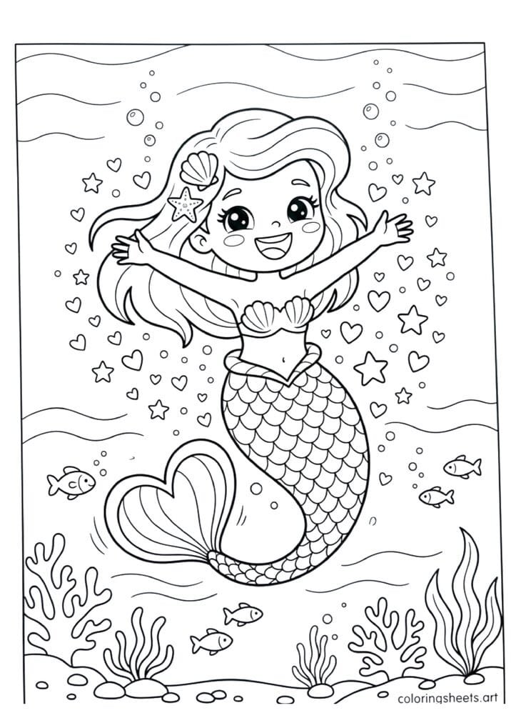 Simple cute mermaid with heart tail fin coloring page, hearts and stars, easy ocean scene, free printable PDF.