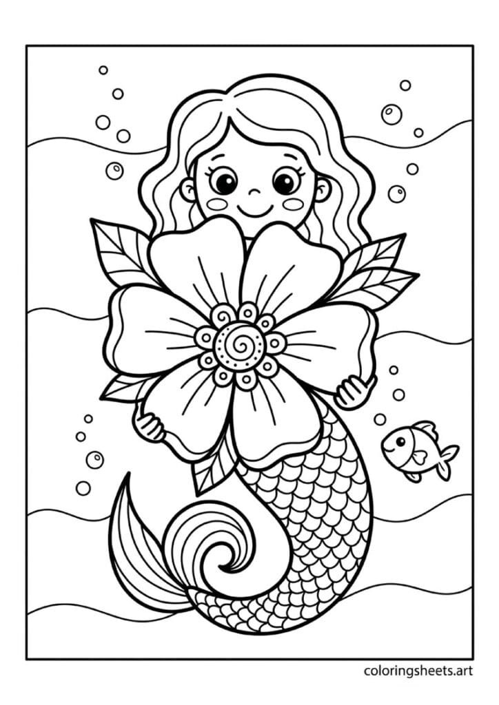 Simple mermaid holding giant ocean flower coloring page, eyes peeking over petals, bubbles and small fish, free printable PDF.