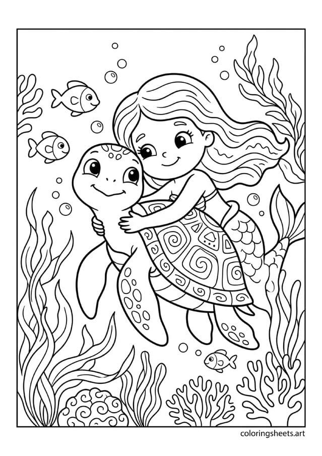 Cute mermaid hugging friendly sea turtle coloring page, decorated shell and small fish, free printable PDF.
