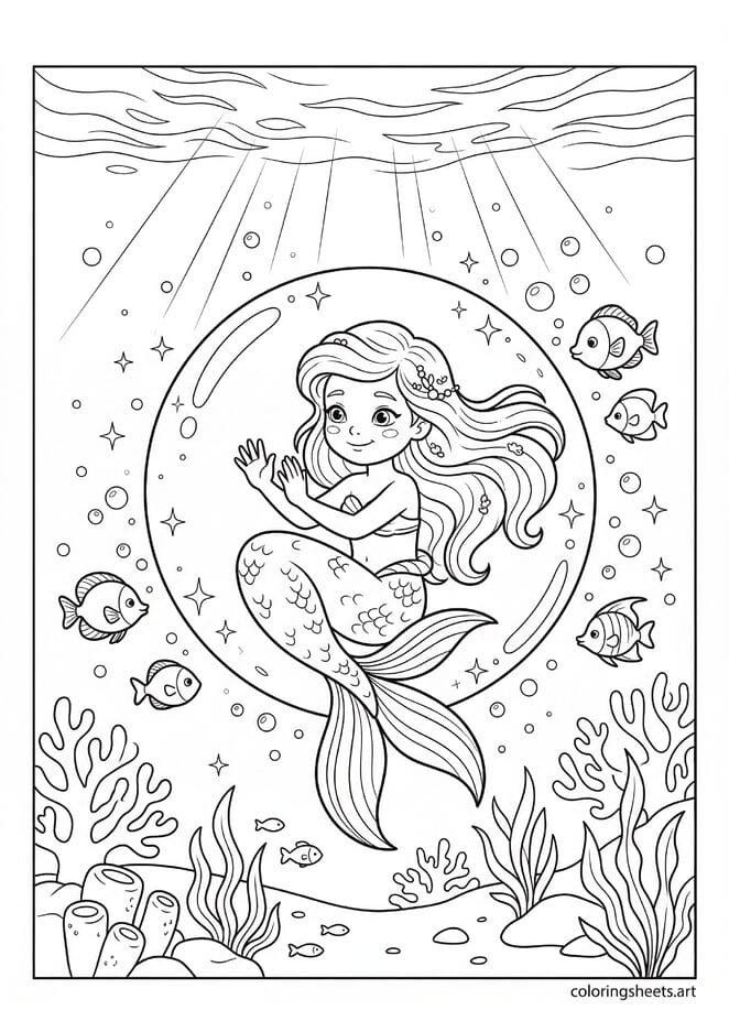 Cute mermaid inside glowing bubble coloring page, colorful fish swimming alongside, rays of light, free printable PDF.