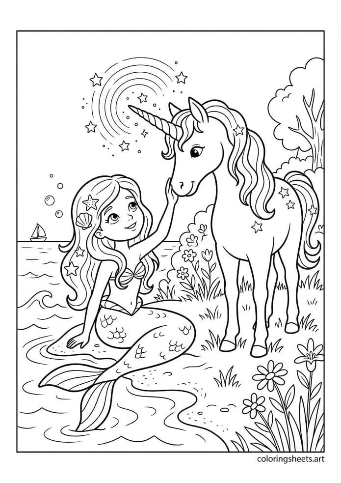 Cute mermaid touching glowing unicorn horn on shore coloring page, magical rainbow sparkles, free printable PDF.