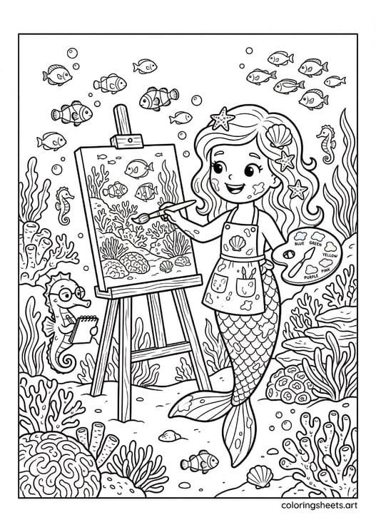 Cute mermaid painting coral reef on easel coloring page, seahorse art critic, free printable PDF