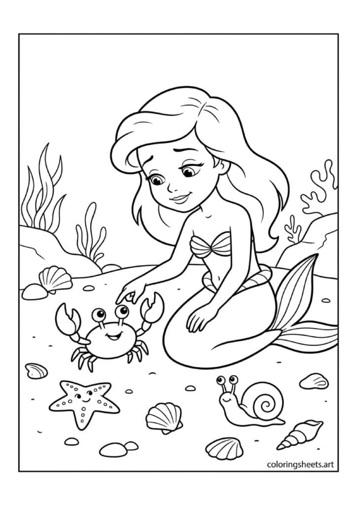 Cute mermaid petting smiling crab coloring page, starfish and snail watching, ocean floor scene, free printable PDF.