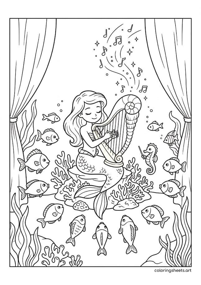 Mermaid musical performance coloring page with fish audience and seahorse, shell harp coral stage, free PDF.