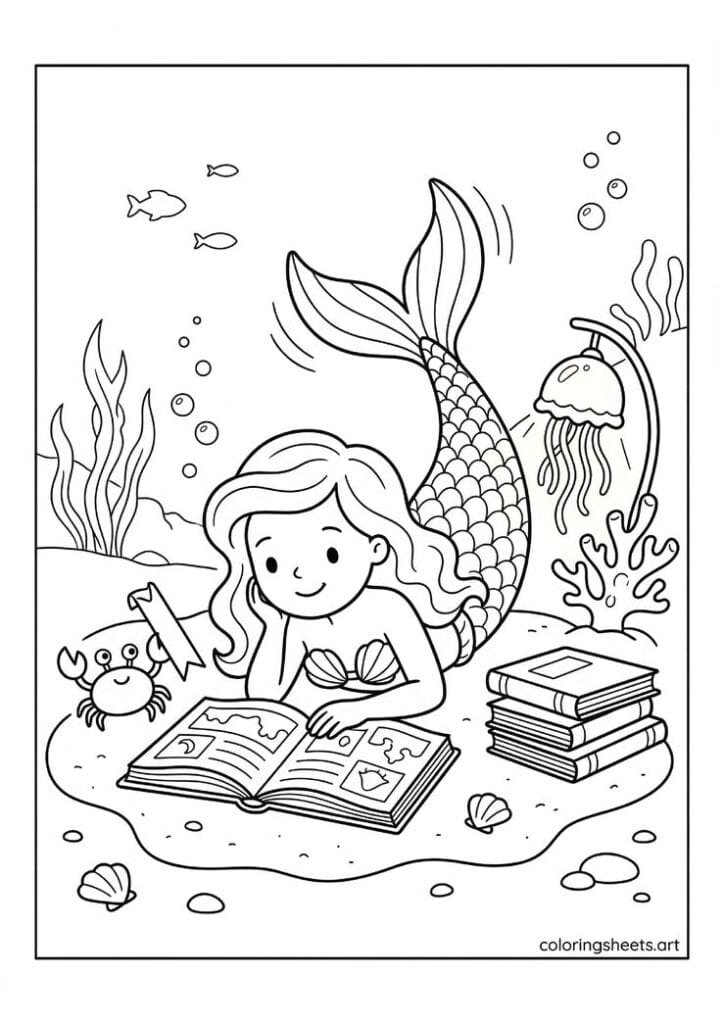 Mermaid lying on ocean floor reading picture book coloring page, underwater scene with jellyfish, free PDF.