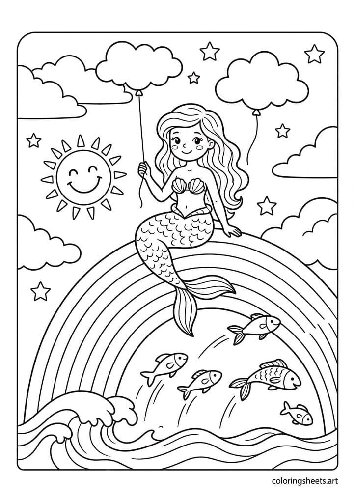 Cute mermaid on giant rainbow coloring page, smiley sun and leaping fish, ocean scene, free printable PDF.